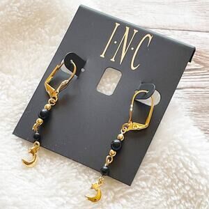 INC Thin Beaded Dangle Drop Earrings Gold Tone Black New